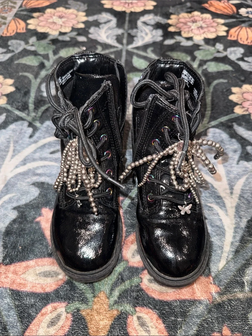 GAP Black Patent Kids Combat Boots with Silver Bead Tassels
